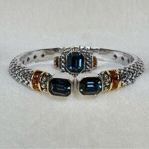 Vintage JC Sterling Silver Bracelet/Ring Set With Blue And Amber Gem Stones